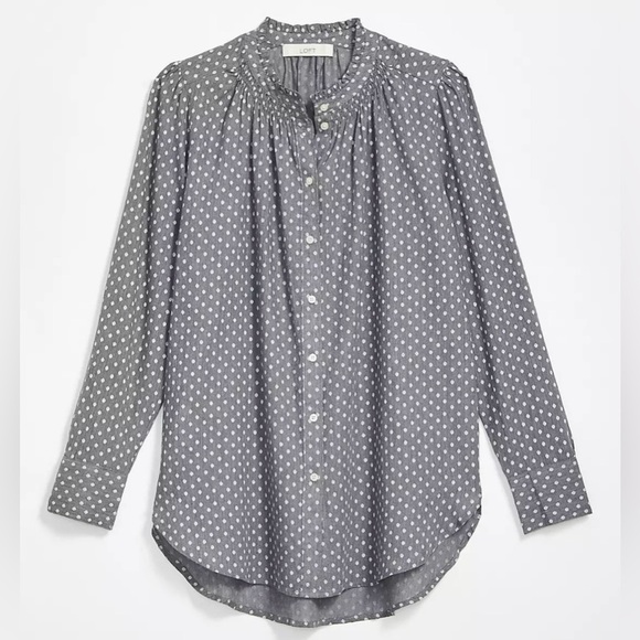NWT LOFT Petite Small Dotted Ruffle Collar Long Sleeve Button Down Blouse, gray - Picture 1 of 14